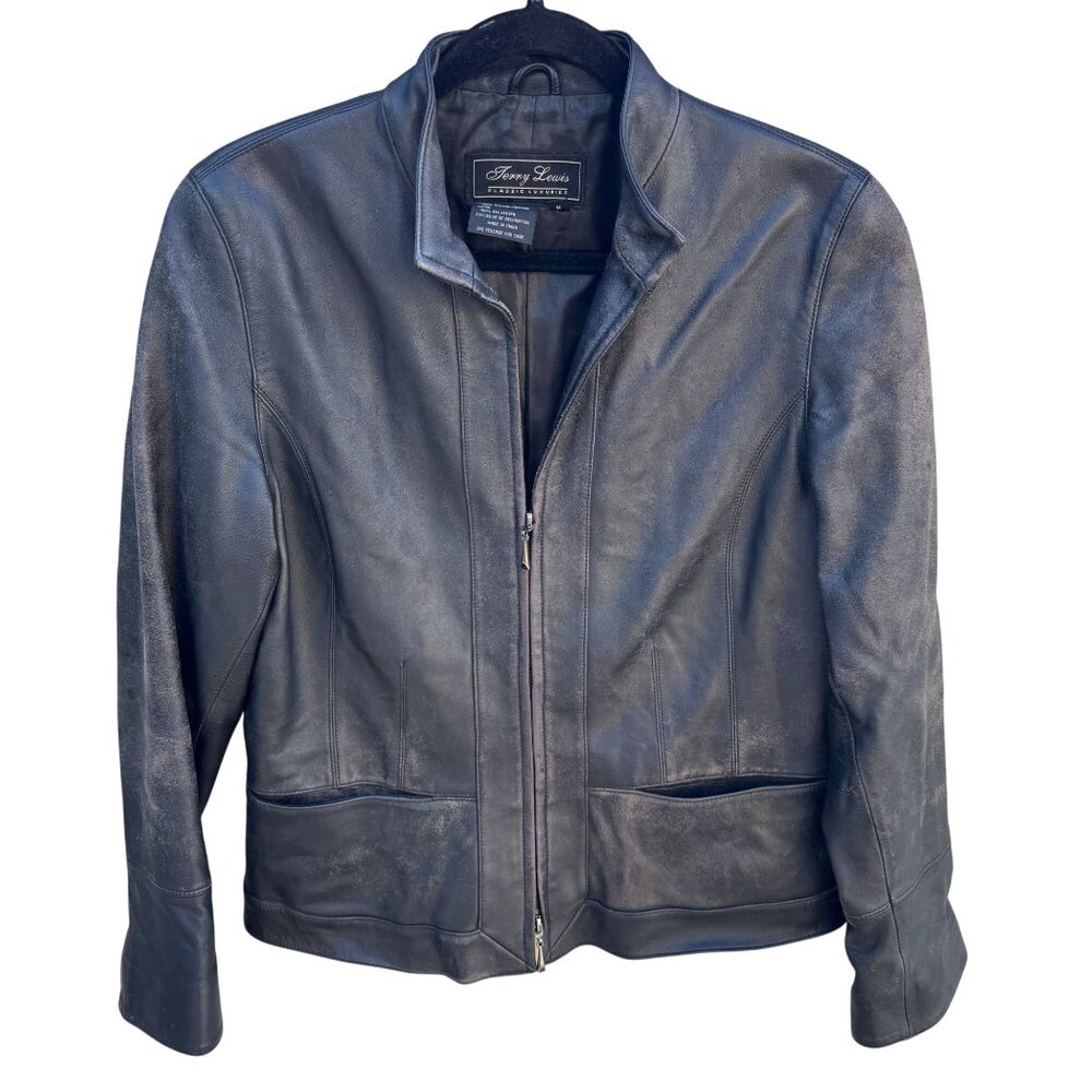 Terry Lewis Vintage Womens‎ Black Distressed Leather Moto Biker Jacket 1/2 Zip